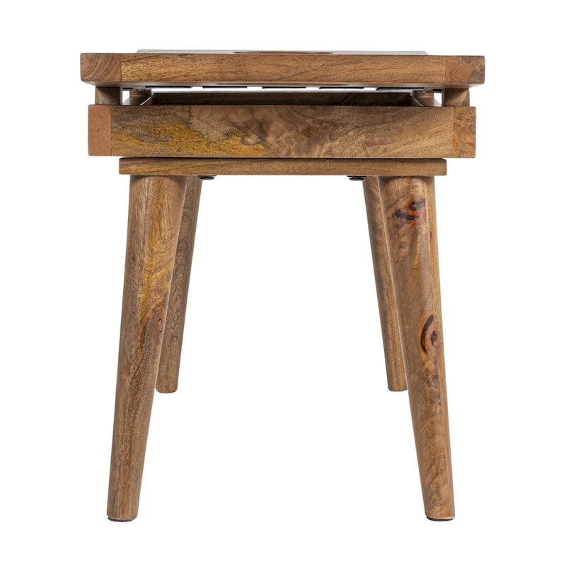 Sgabello in legno di mango nero e naturale con seduta in pelle intrecciata, seduta singola
