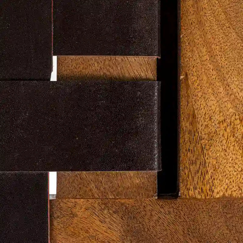Sgabello in legno di mango nero e naturale con seduta in pelle intrecciata, seduta singola