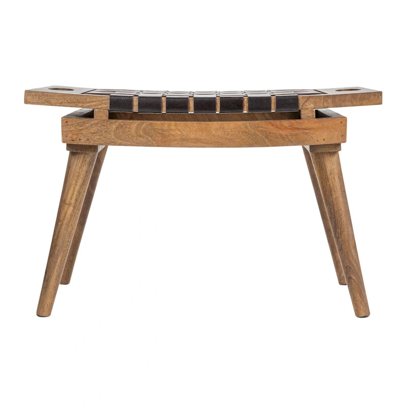 Sgabello in legno di mango nero e naturale con seduta in pelle intrecciata, seduta singola