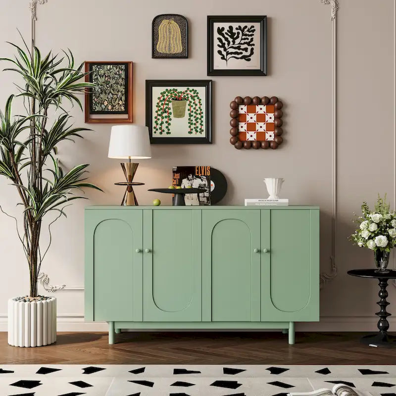 Mobile Contenitore Intagliato a 4 Ante, Bianco / Bianco Antico / Verde Menta, Gambe in Pino