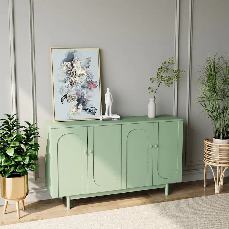 Mobile Contenitore Intagliato a 4 Ante, Bianco / Bianco Antico / Verde Menta, Gambe in Pino