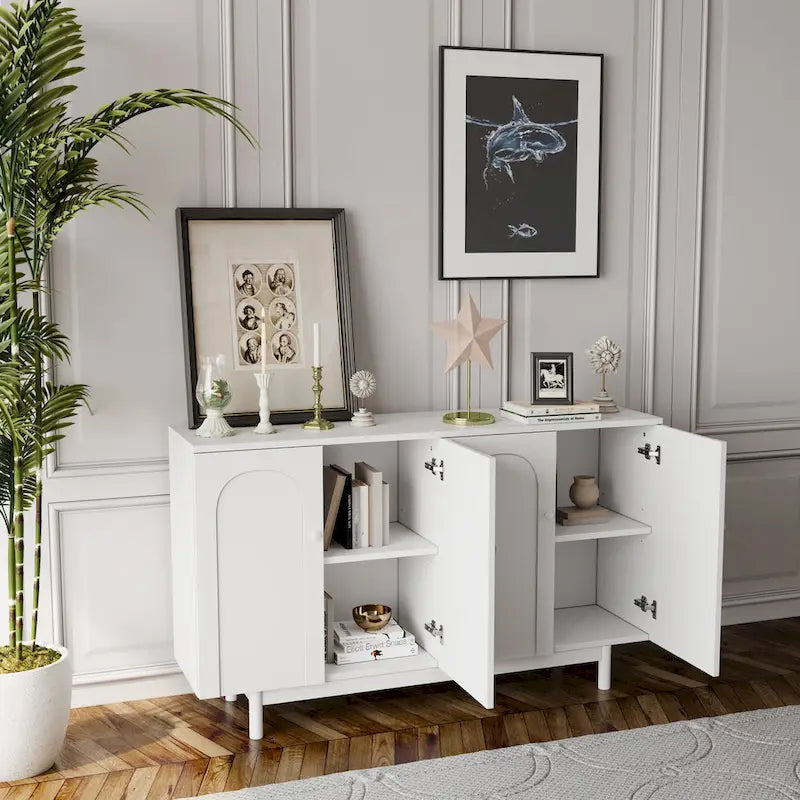 Mobile Contenitore Intagliato a 4 Ante, Bianco / Bianco Antico / Verde Menta, Gambe in Pino