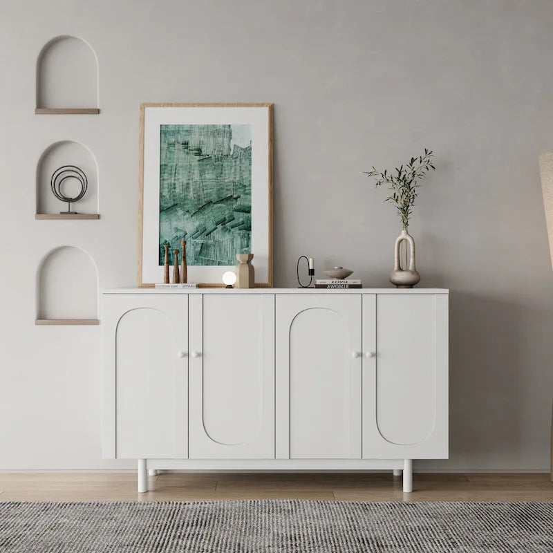 Mobile Contenitore Intagliato a 4 Ante, Bianco / Bianco Antico / Verde Menta, Gambe in Pino