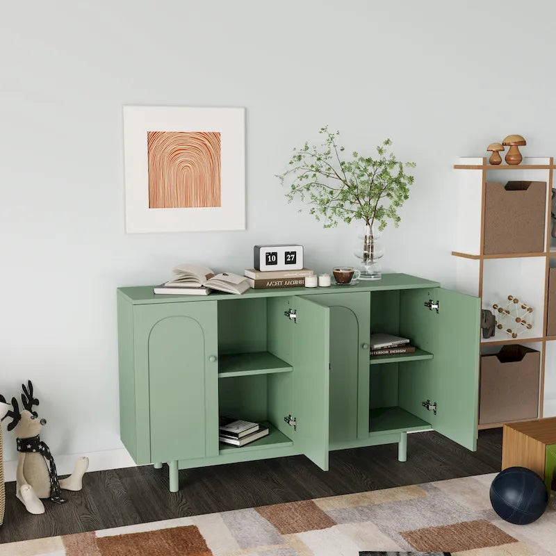 Mobile Contenitore Intagliato a 4 Ante, Bianco / Bianco Antico / Verde Menta, Gambe in Pino