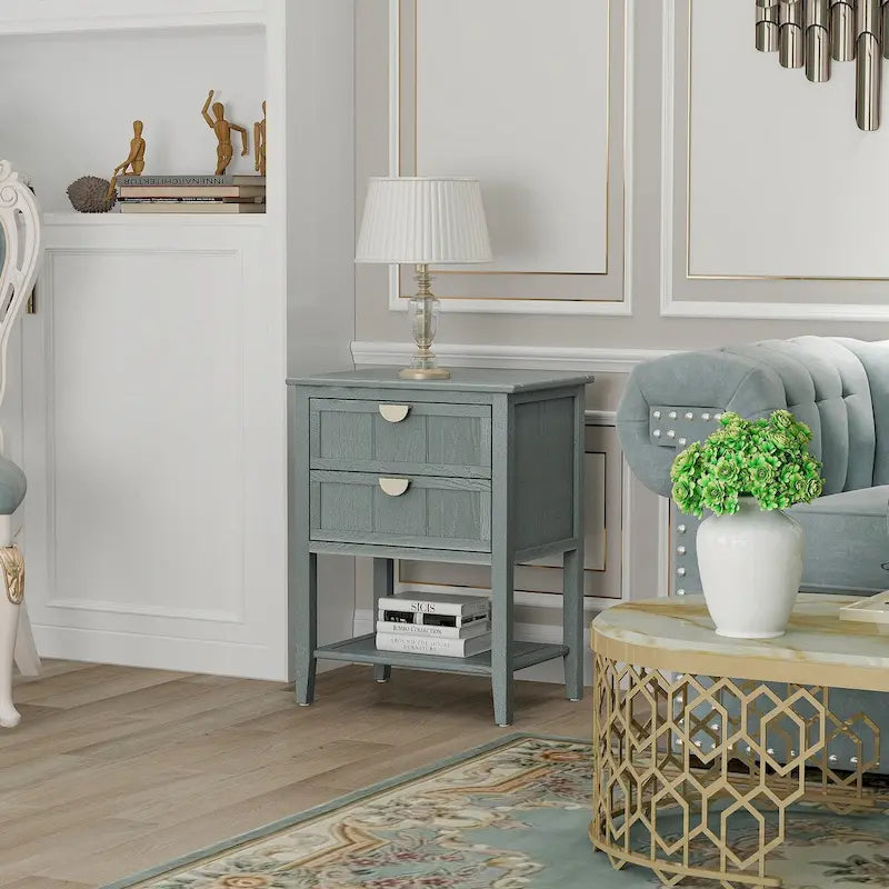 Comodino a 2 cassetti, Verde oliva / Grigio chiaro, Stile americano, Singolo