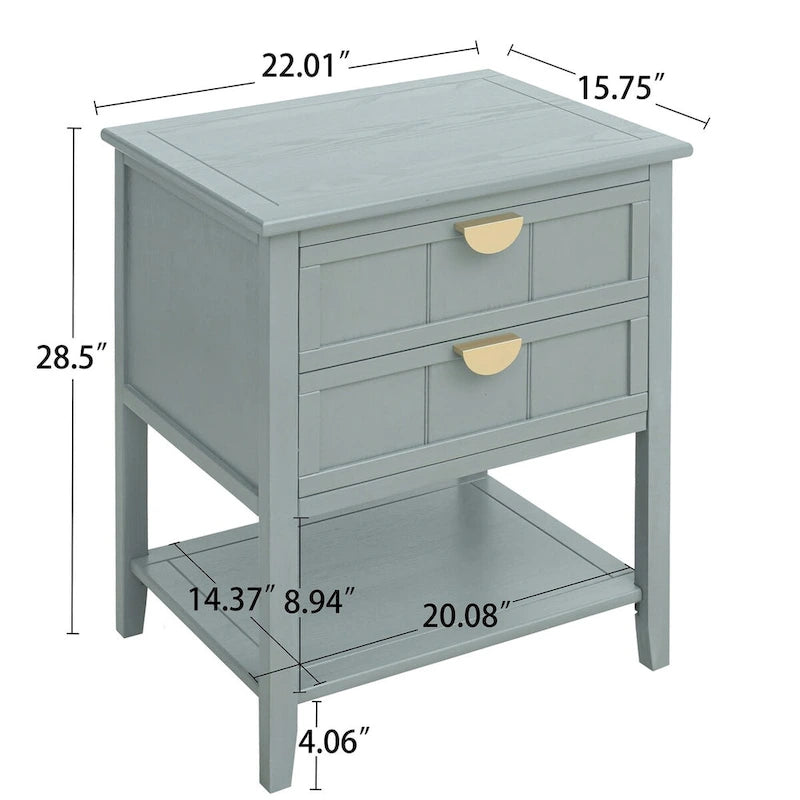 Comodino a 2 cassetti, Verde oliva / Grigio chiaro, Stile americano, Singolo