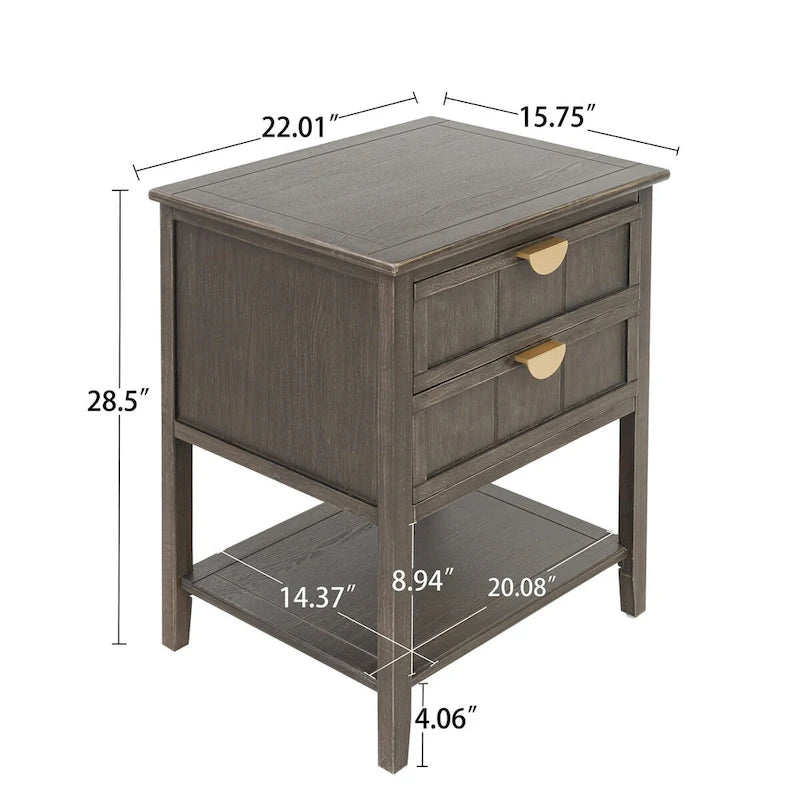 Comodino a 2 cassetti, Verde oliva / Grigio chiaro, Stile americano, Singolo