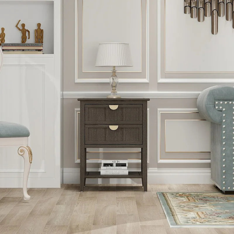 Comodino a 2 cassetti, Verde oliva / Grigio chiaro, Stile americano, Singolo