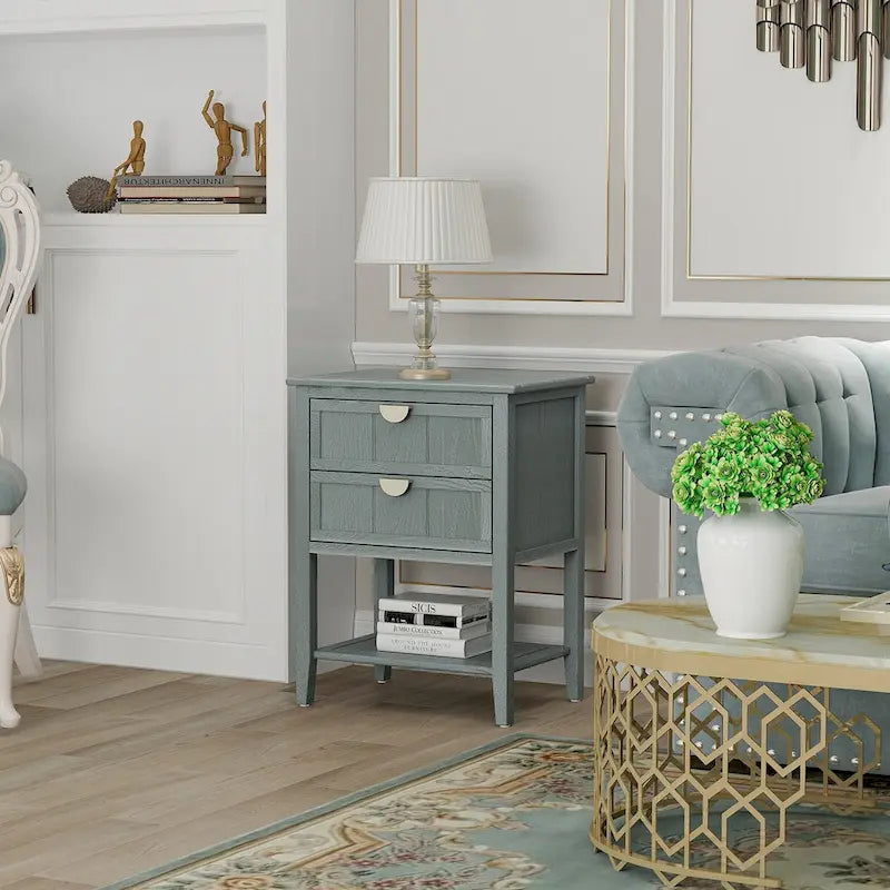 Comodino a 2 cassetti, Verde oliva / Grigio chiaro, Stile americano, Singolo