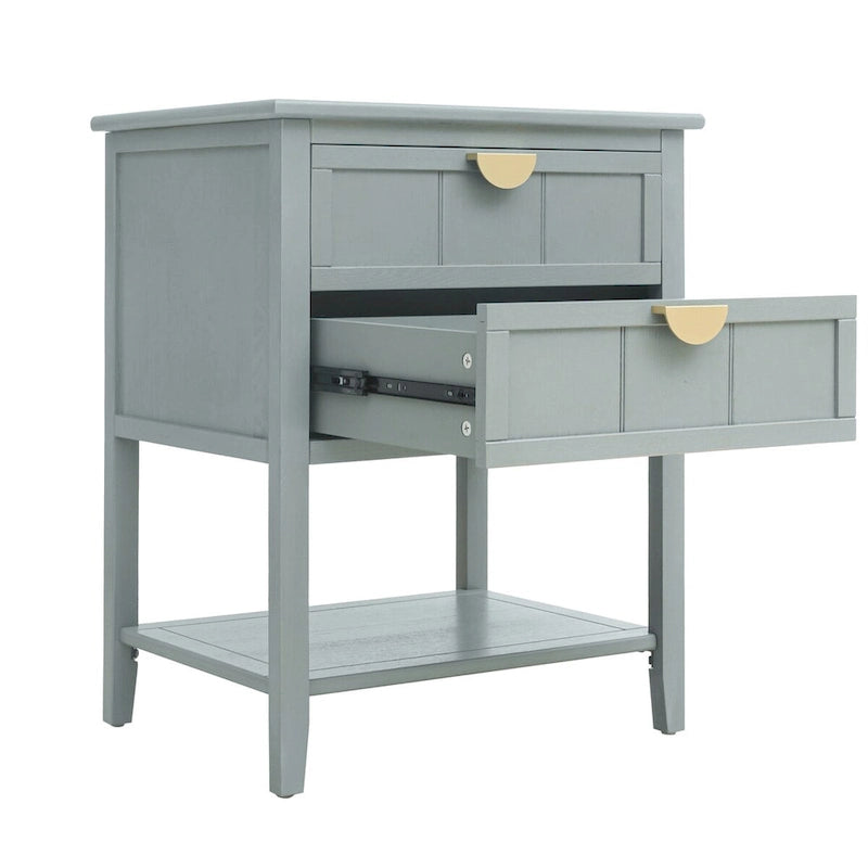 Comodino a 2 cassetti, Verde oliva / Grigio chiaro, Stile americano, Singolo