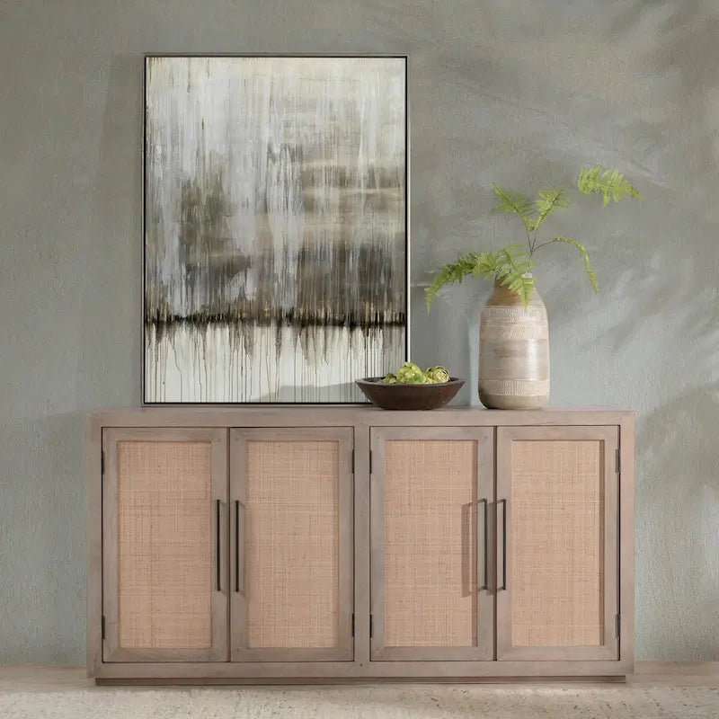 Credenza a 4 ante in legno di mango color tortora e canna