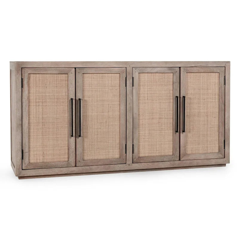 Credenza a 4 ante in legno di mango color tortora e canna