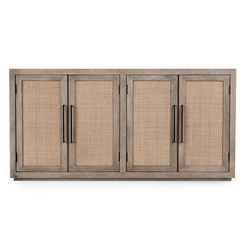 Credenza a 4 ante in legno di mango color tortora e canna