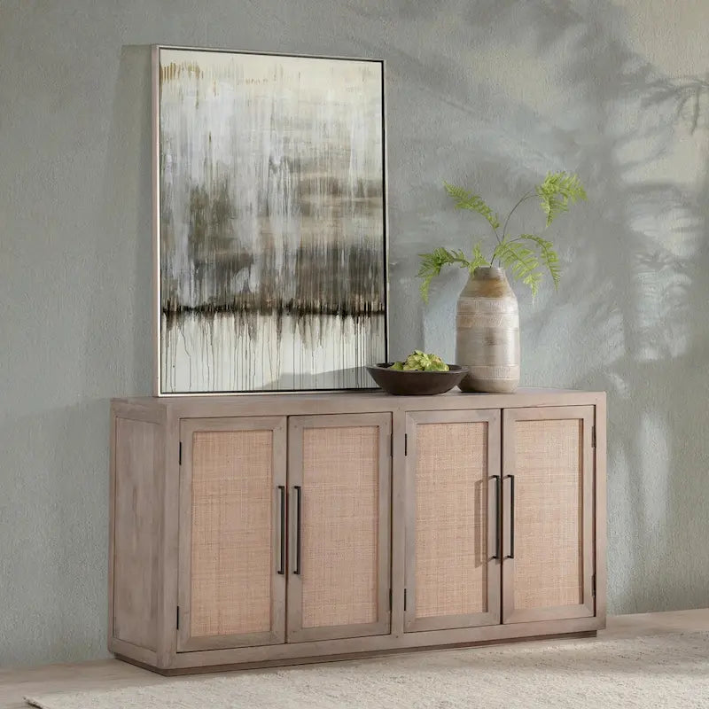 Credenza a 4 ante in legno di mango color tortora e canna