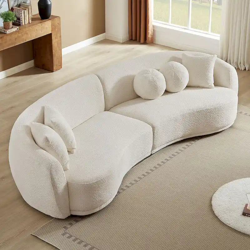 Divano sezionale curvo Bouclé Beige per 2-3 persone con 5 cuscini