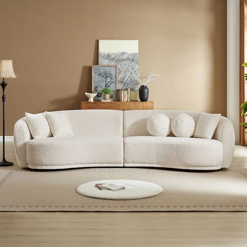 Divano sezionale curvo Bouclé Beige per 2-3 persone con 5 cuscini