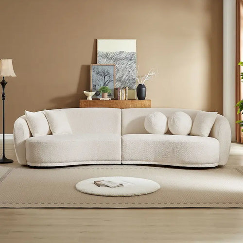 Divano sezionale curvo Bouclé Beige per 2-3 persone con 5 cuscini