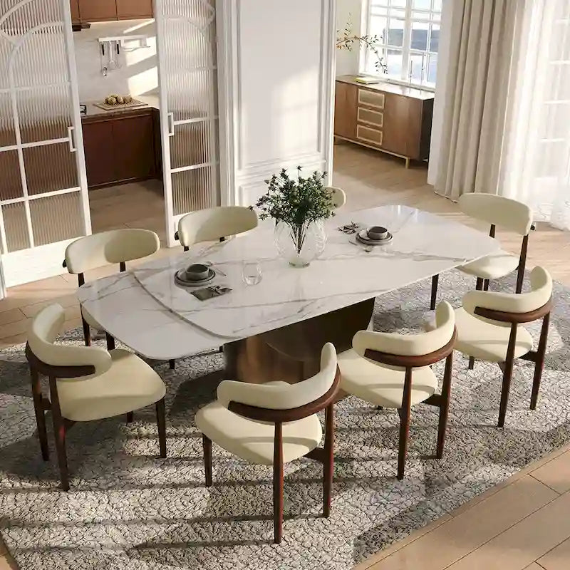 Tavolo da pranzo allungabile con piano in pietra sinterizzata bianca, base in acciaio a forma di U, da 6 a 10 posti