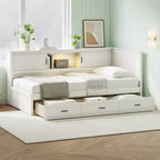 Divano-letto angolare a L bianco con libreria, luce a LED e porta USB – Twin/Full, 1 posto