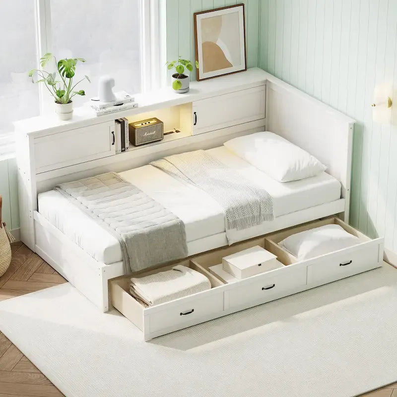 Divano-letto angolare a L bianco con libreria, luce a LED e porta USB – Twin/Full, 1 posto