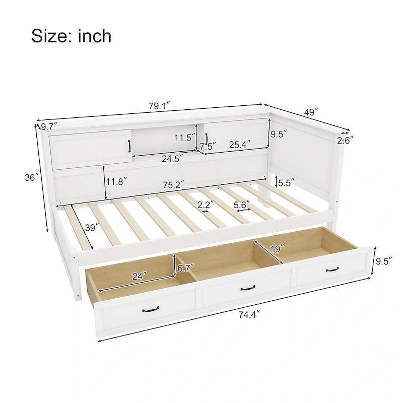 Divano-letto angolare a L bianco con libreria, luce a LED e porta USB – Twin/Full, 1 posto