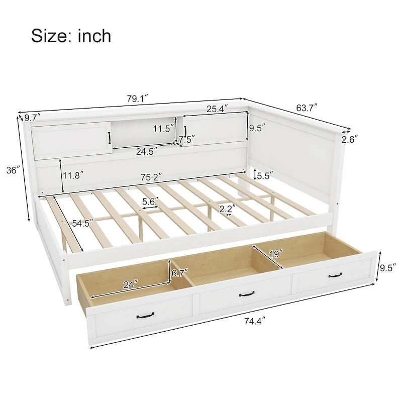 Divano-letto angolare a L bianco con libreria, luce a LED e porta USB – Twin/Full, 1 posto