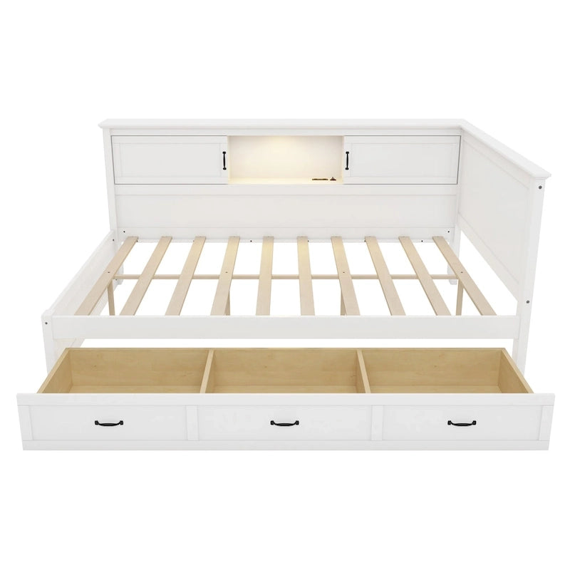 Divano-letto angolare a L bianco con libreria, luce a LED e porta USB – Twin/Full, 1 posto