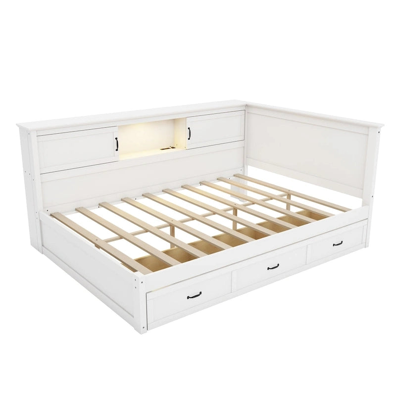 Divano-letto angolare a L bianco con libreria, luce a LED e porta USB – Twin/Full, 1 posto
