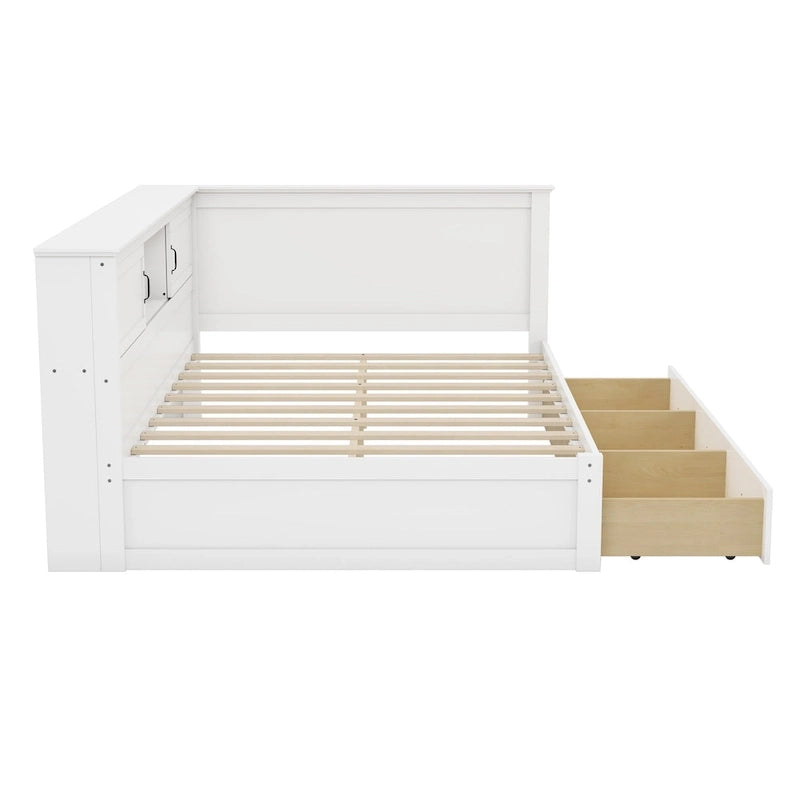 Divano-letto angolare a L bianco con libreria, luce a LED e porta USB – Twin/Full, 1 posto