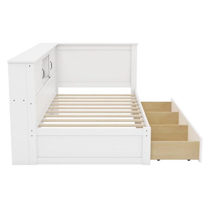 Divano-letto angolare a L bianco con libreria, luce a LED e porta USB – Twin/Full, 1 posto