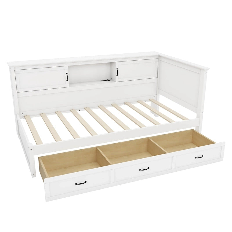 Divano-letto angolare a L bianco con libreria, luce a LED e porta USB – Twin/Full, 1 posto