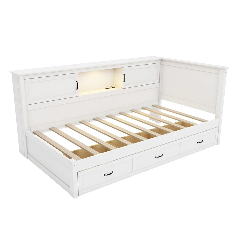 Divano-letto angolare a L bianco con libreria, luce a LED e porta USB – Twin/Full, 1 posto