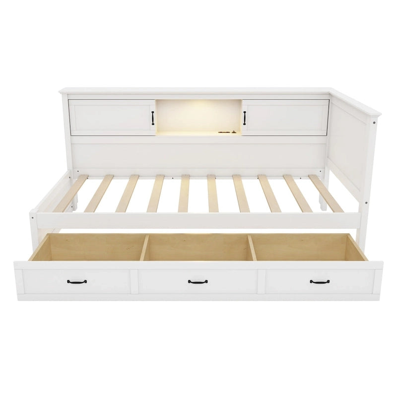 Divano-letto angolare a L bianco con libreria, luce a LED e porta USB – Twin/Full, 1 posto