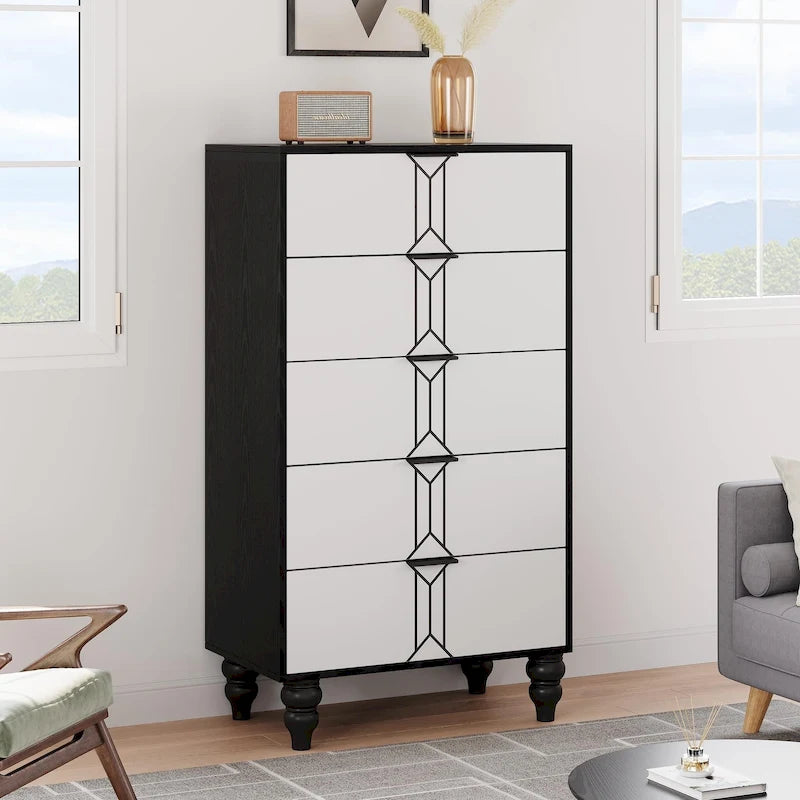 Cassettiera moderna a 5 cassetti, rovere e oro / nero e bianco, per 1-2 utenti