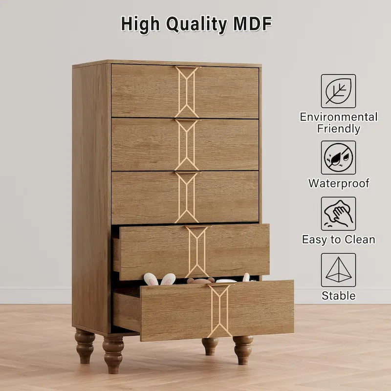 Cassettiera moderna a 5 cassetti, rovere e oro / nero e bianco, per 1-2 utenti