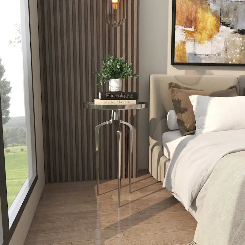 Tavolino d'appoggio rotondo in alluminio con vassoio, gambe a treppiede, oro / argento / nero, 1 persona, 22" o 25" H