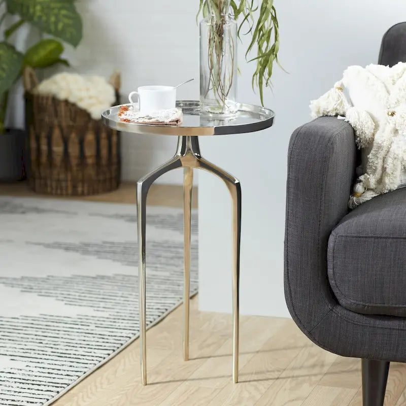 Tavolino d'appoggio rotondo in alluminio con vassoio, gambe a treppiede, oro / argento / nero, 1 persona, 22" o 25" H